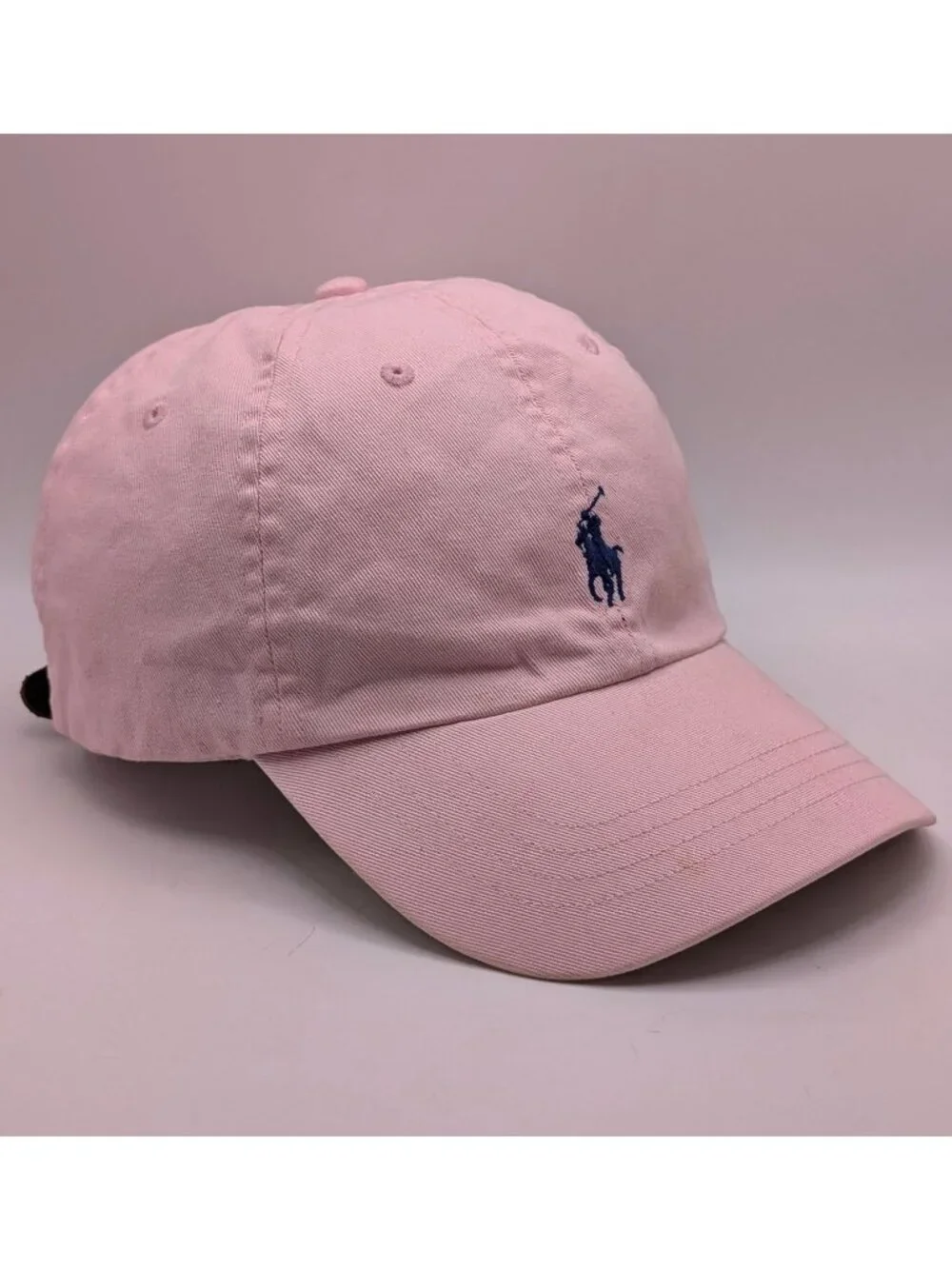 Vintage POLO Ralph Lauren Light Pink Hat Leather Strap Adjustable Blue Pony Y2K